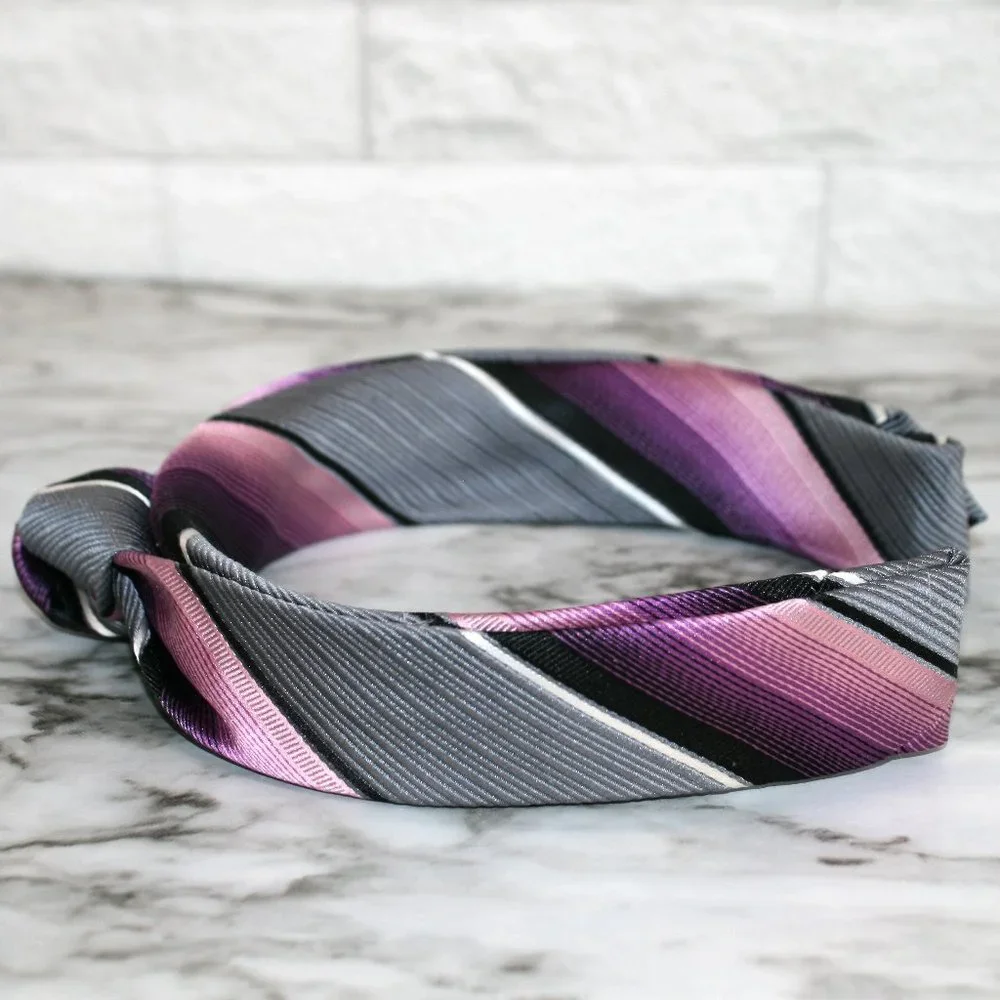 HAND CRAFTED Purple Gray Knotted Headband Stripe Necktie Hair Accessory